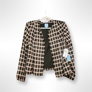 CECE NEW Women's Black/pink Grid Tweed Frayed Open Front Jacket